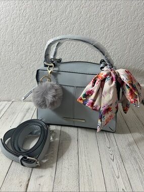 Steve Madden Baby Blue Satchel Crossbody / Removable Floral Scarf and Gray Pom